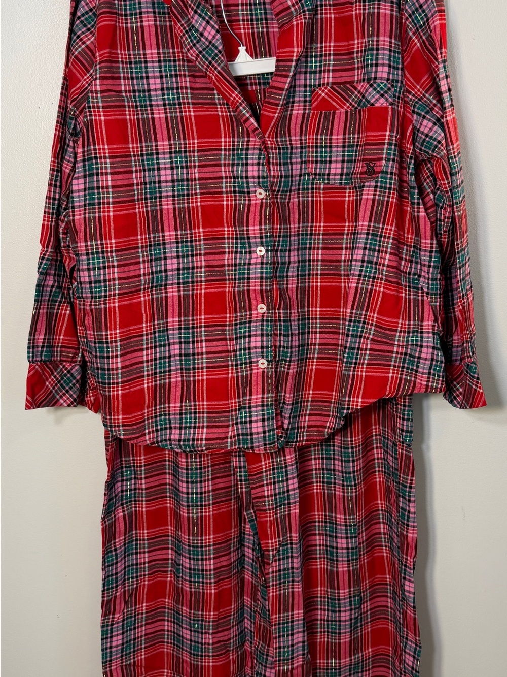 Victoria Secret flannel pajama set large red pink tartan holiday PJ EUC soft